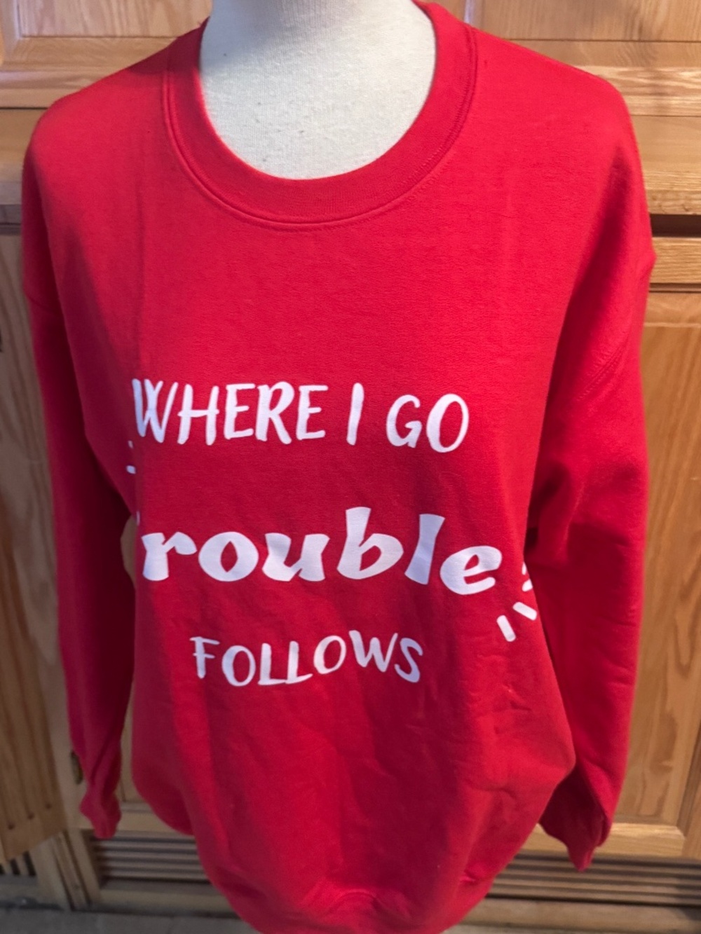 Men's Gildan Red Pullover Sweatshirt Crew Neck "Where I Go Trouble Follows" XL